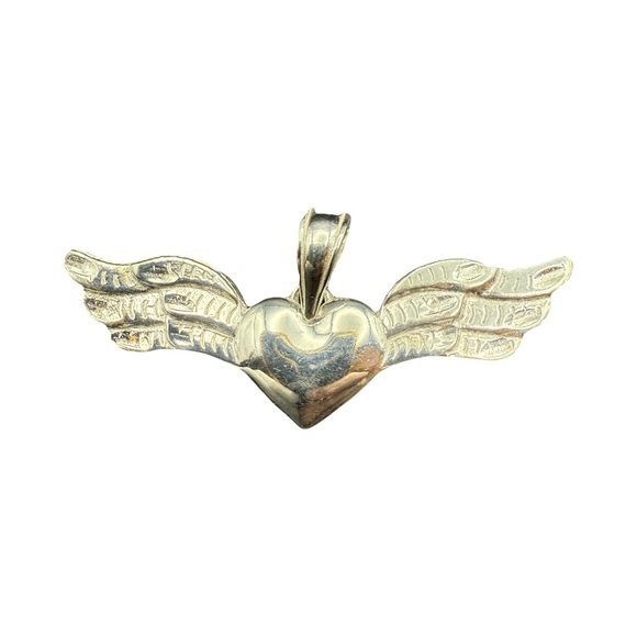 None Jewelry - Sterling Silver Heart Wing Necklace with Feather Details
